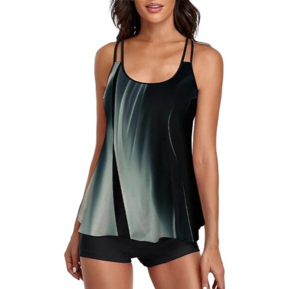 Womens Tummy Control Two Piece  Swimsuit Swim Tank Top with Boyshorts - Picture 1 of 2